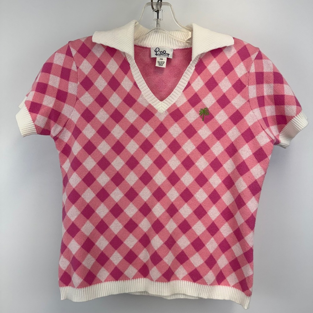 Lilly Pulitzer White Label Vtg Sweater Women PM Pink Argyle‎ Polo Palm Tree
